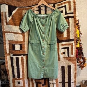 Sage Green Button-Down Off-Shoulder Dress with pockets